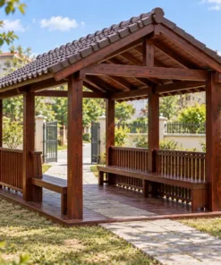 Chòi Gỗ Sân Vườn T128 - Lối Đi Xuyên Giữa Hai Ghế Băng Đối Diện, Gỗ Thông Màu Nâu Cánh Gián