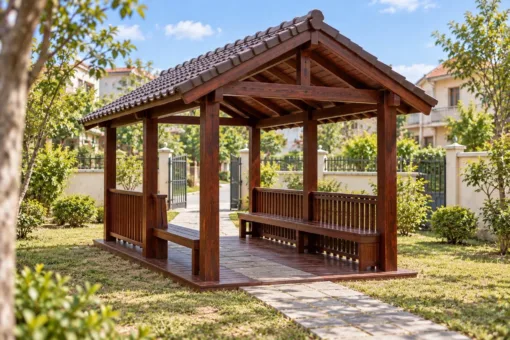 Chòi Gỗ Sân Vườn T128 - Lối Đi Xuyên Giữa Hai Ghế Băng Đối Diện, Gỗ Thông Màu Nâu Cánh Gián Chòi Gỗ Sân Vườn T128 - Lối Đi Xuyên Giữa Hai Ghế Băng Đối Diện, Gỗ Thông Màu Nâu Cánh Gián