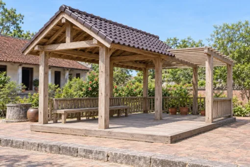Chòi Gỗ Sân Vườn T129 - Nửa Mái Ngói Nửa Giàn Nan, Gỗ Thông Màu Vintage