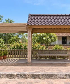 Chòi Gỗ Sân Vườn T129 - Nửa Mái Ngói Nửa Giàn Nan, Gỗ Thông Màu Vintage