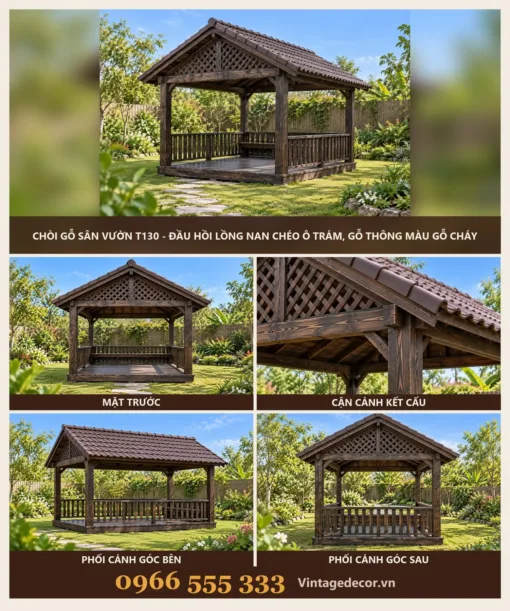 Chòi Gỗ Sân Vườn T130 - Đầu Hồi Lồng Nan Chéo Ô Trám, Gỗ Thông Màu Gỗ Cháy Chòi Gỗ Sân Vườn T130 - Đầu Hồi Lồng Nan Chéo Ô Trám, Gỗ Thông Màu Gỗ Cháy