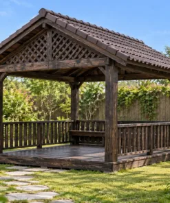 Chòi Gỗ Sân Vườn T130 - Đầu Hồi Lồng Nan Chéo Ô Trám, Gỗ Thông Màu Gỗ Cháy