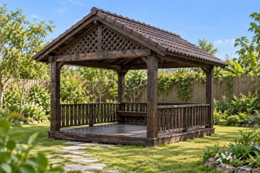 Chòi Gỗ Sân Vườn T130 - Đầu Hồi Lồng Nan Chéo Ô Trám, Gỗ Thông Màu Gỗ Cháy Chòi Gỗ Sân Vườn T130 - Đầu Hồi Lồng Nan Chéo Ô Trám, Gỗ Thông Màu Gỗ Cháy