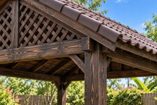 Chòi Gỗ Sân Vườn T130 - Đầu Hồi Lồng Nan Chéo Ô Trám, Gỗ Thông Màu Gỗ Cháy Chòi Gỗ Sân Vườn T130 - Đầu Hồi Lồng Nan Chéo Ô Trám, Gỗ Thông Màu Gỗ Cháy