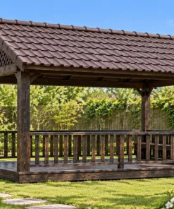 Chòi Gỗ Sân Vườn T130 - Đầu Hồi Lồng Nan Chéo Ô Trám, Gỗ Thông Màu Gỗ Cháy