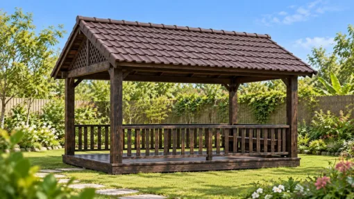 Chòi Gỗ Sân Vườn T130 - Đầu Hồi Lồng Nan Chéo Ô Trám, Gỗ Thông Màu Gỗ Cháy Chòi Gỗ Sân Vườn T130 - Đầu Hồi Lồng Nan Chéo Ô Trám, Gỗ Thông Màu Gỗ Cháy