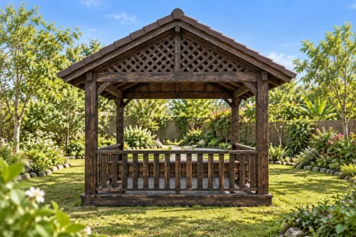 Chòi Gỗ Sân Vườn T130 - Đầu Hồi Lồng Nan Chéo Ô Trám, Gỗ Thông Màu Gỗ Cháy Chòi Gỗ Sân Vườn T130 - Đầu Hồi Lồng Nan Chéo Ô Trám, Gỗ Thông Màu Gỗ Cháy