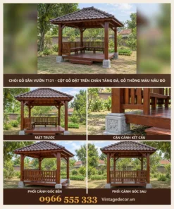 Chòi Gỗ Sân Vườn T131 - Cột Gỗ Đặt Trên Chân Tảng Đá, Gỗ Thông Màu Nâu Đỏ