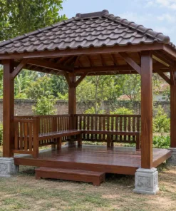 Chòi Gỗ Sân Vườn T131 - Cột Gỗ Đặt Trên Chân Tảng Đá, Gỗ Thông Màu Nâu Đỏ