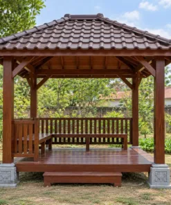 Chòi Gỗ Sân Vườn T131 - Cột Gỗ Đặt Trên Chân Tảng Đá, Gỗ Thông Màu Nâu Đỏ