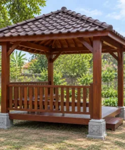 Chòi Gỗ Sân Vườn T131 - Cột Gỗ Đặt Trên Chân Tảng Đá, Gỗ Thông Màu Nâu Đỏ
