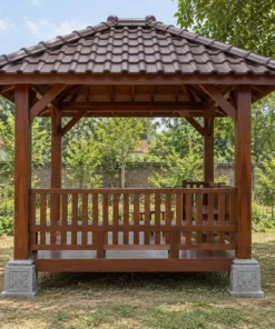Chòi Gỗ Sân Vườn T131 - Cột Gỗ Đặt Trên Chân Tảng Đá, Gỗ Thông Màu Nâu Đỏ