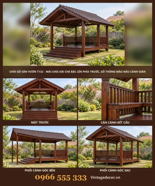 Chòi Gỗ Sân Vườn T132 - Mái Chìa Dài Che Bậc Lên Phía Trước, Gỗ Thông Màu Nâu Cánh Gián Chòi Gỗ Sân Vườn T132 - Mái Chìa Dài Che Bậc Lên Phía Trước, Gỗ Thông Màu Nâu Cánh Gián