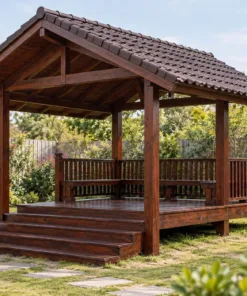 Chòi Gỗ Sân Vườn T132 - Mái Chìa Dài Che Bậc Lên Phía Trước, Gỗ Thông Màu Nâu Cánh Gián