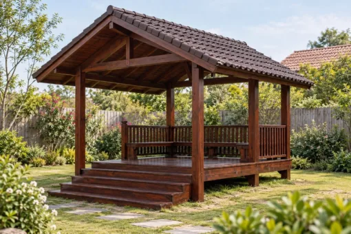 Chòi Gỗ Sân Vườn T132 - Mái Chìa Dài Che Bậc Lên Phía Trước, Gỗ Thông Màu Nâu Cánh Gián Chòi Gỗ Sân Vườn T132 - Mái Chìa Dài Che Bậc Lên Phía Trước, Gỗ Thông Màu Nâu Cánh Gián