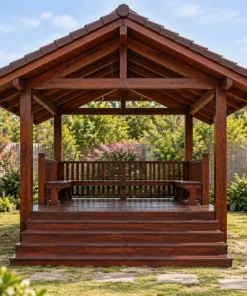 Chòi Gỗ Sân Vườn T132 - Mái Chìa Dài Che Bậc Lên Phía Trước, Gỗ Thông Màu Nâu Cánh Gián