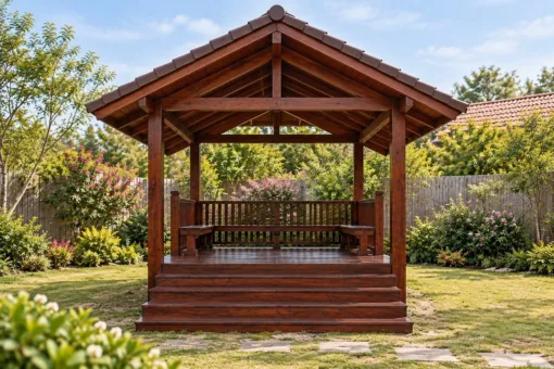 Chòi Gỗ Sân Vườn T132 - Mái Chìa Dài Che Bậc Lên Phía Trước, Gỗ Thông Màu Nâu Cánh Gián Chòi Gỗ Sân Vườn T132 - Mái Chìa Dài Che Bậc Lên Phía Trước, Gỗ Thông Màu Nâu Cánh Gián