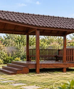 Chòi Gỗ Sân Vườn T132 - Mái Chìa Dài Che Bậc Lên Phía Trước, Gỗ Thông Màu Nâu Cánh Gián