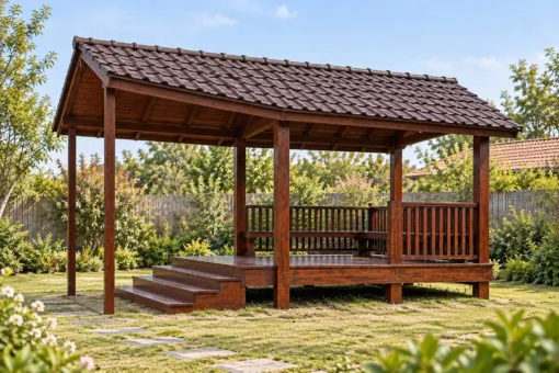 Chòi Gỗ Sân Vườn T132 - Mái Chìa Dài Che Bậc Lên Phía Trước, Gỗ Thông Màu Nâu Cánh Gián Chòi Gỗ Sân Vườn T132 - Mái Chìa Dài Che Bậc Lên Phía Trước, Gỗ Thông Màu Nâu Cánh Gián