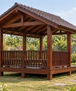 Chòi Gỗ Sân Vườn T132 - Mái Chìa Dài Che Bậc Lên Phía Trước, Gỗ Thông Màu Nâu Cánh Gián