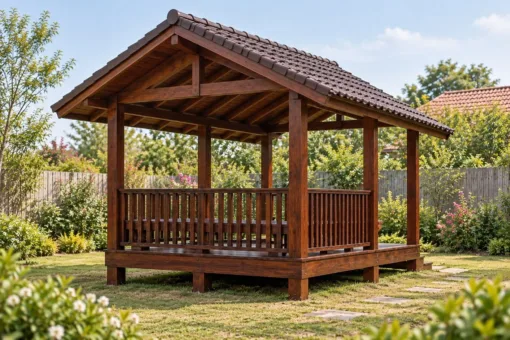 Chòi Gỗ Sân Vườn T132 - Mái Chìa Dài Che Bậc Lên Phía Trước, Gỗ Thông Màu Nâu Cánh Gián Chòi Gỗ Sân Vườn T132 - Mái Chìa Dài Che Bậc Lên Phía Trước, Gỗ Thông Màu Nâu Cánh Gián