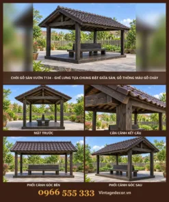 Chòi Gỗ Sân Vườn T134 - Ghế Lưng Tựa Chung Đặt Giữa Sàn, Gỗ Thông Màu Gỗ Cháy