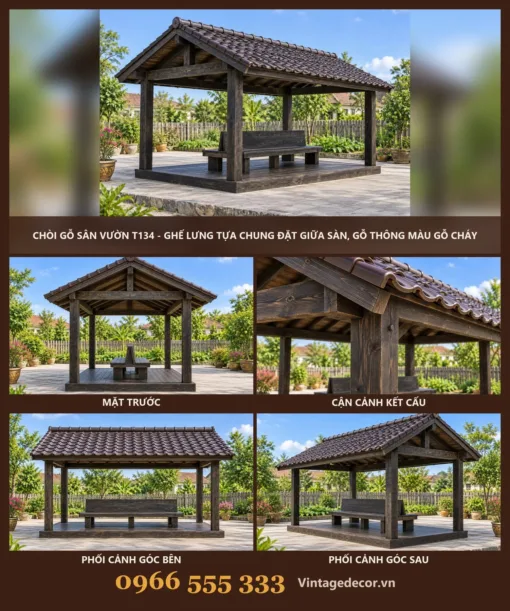 Chòi Gỗ Sân Vườn T134 - Ghế Lưng Tựa Chung Đặt Giữa Sàn, Gỗ Thông Màu Gỗ Cháy Chòi Gỗ Sân Vườn T134 - Ghế Lưng Tựa Chung Đặt Giữa Sàn, Gỗ Thông Màu Gỗ Cháy