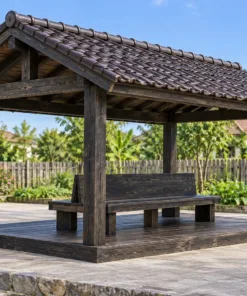 Chòi Gỗ Sân Vườn T134 - Ghế Lưng Tựa Chung Đặt Giữa Sàn, Gỗ Thông Màu Gỗ Cháy