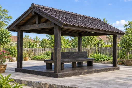 Chòi Gỗ Sân Vườn T134 - Ghế Lưng Tựa Chung Đặt Giữa Sàn, Gỗ Thông Màu Gỗ Cháy Chòi Gỗ Sân Vườn T134 - Ghế Lưng Tựa Chung Đặt Giữa Sàn, Gỗ Thông Màu Gỗ Cháy