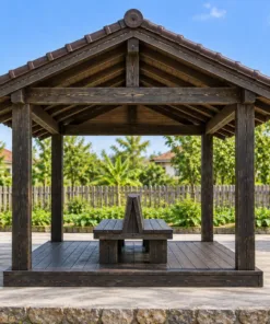 Chòi Gỗ Sân Vườn T134 - Ghế Lưng Tựa Chung Đặt Giữa Sàn, Gỗ Thông Màu Gỗ Cháy