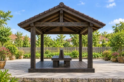 Chòi Gỗ Sân Vườn T134 - Ghế Lưng Tựa Chung Đặt Giữa Sàn, Gỗ Thông Màu Gỗ Cháy Chòi Gỗ Sân Vườn T134 - Ghế Lưng Tựa Chung Đặt Giữa Sàn, Gỗ Thông Màu Gỗ Cháy