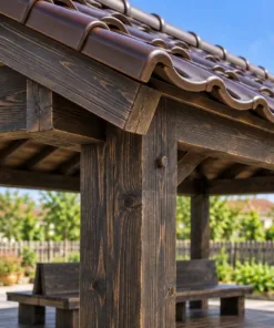 Chòi Gỗ Sân Vườn T134 - Ghế Lưng Tựa Chung Đặt Giữa Sàn, Gỗ Thông Màu Gỗ Cháy