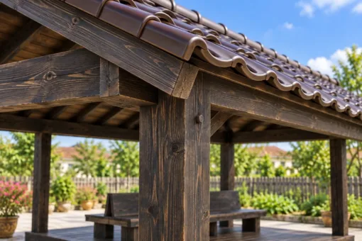 Chòi Gỗ Sân Vườn T134 - Ghế Lưng Tựa Chung Đặt Giữa Sàn, Gỗ Thông Màu Gỗ Cháy Chòi Gỗ Sân Vườn T134 - Ghế Lưng Tựa Chung Đặt Giữa Sàn, Gỗ Thông Màu Gỗ Cháy