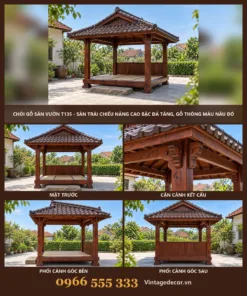 Chòi Gỗ Sân Vườn T135 - Sàn Trải Chiếu Nâng Cao Bậc Đá Tảng, Gỗ Thông Màu Nâu Đỏ