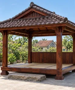 Chòi Gỗ Sân Vườn T135 - Sàn Trải Chiếu Nâng Cao Bậc Đá Tảng, Gỗ Thông Màu Nâu Đỏ