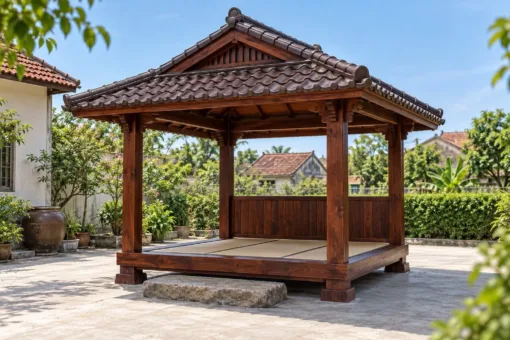 Chòi Gỗ Sân Vườn T135 - Sàn Trải Chiếu Nâng Cao Bậc Đá Tảng, Gỗ Thông Màu Nâu Đỏ