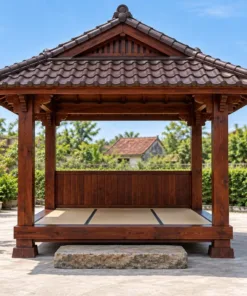 Chòi Gỗ Sân Vườn T135 - Sàn Trải Chiếu Nâng Cao Bậc Đá Tảng, Gỗ Thông Màu Nâu Đỏ