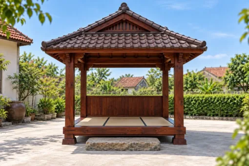 Chòi Gỗ Sân Vườn T135 - Sàn Trải Chiếu Nâng Cao Bậc Đá Tảng, Gỗ Thông Màu Nâu Đỏ