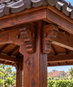 Chòi Gỗ Sân Vườn T135 - Sàn Trải Chiếu Nâng Cao Bậc Đá Tảng, Gỗ Thông Màu Nâu Đỏ