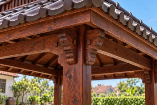 Chòi Gỗ Sân Vườn T135 - Sàn Trải Chiếu Nâng Cao Bậc Đá Tảng, Gỗ Thông Màu Nâu Đỏ