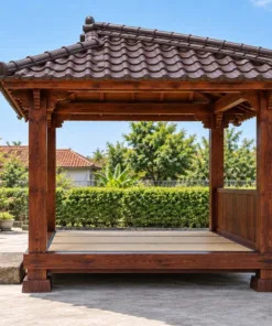 Chòi Gỗ Sân Vườn T135 - Sàn Trải Chiếu Nâng Cao Bậc Đá Tảng, Gỗ Thông Màu Nâu Đỏ