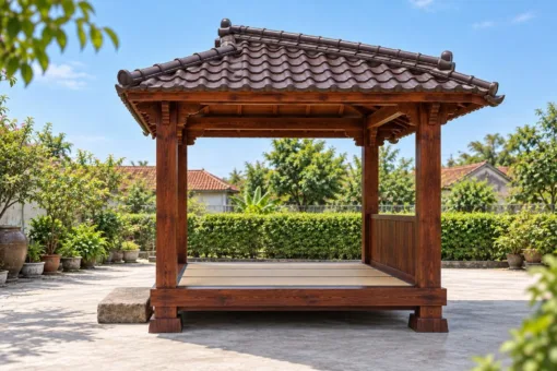 Chòi Gỗ Sân Vườn T135 - Sàn Trải Chiếu Nâng Cao Bậc Đá Tảng, Gỗ Thông Màu Nâu Đỏ