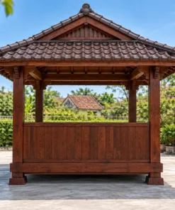 Chòi Gỗ Sân Vườn T135 - Sàn Trải Chiếu Nâng Cao Bậc Đá Tảng, Gỗ Thông Màu Nâu Đỏ