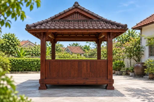 Chòi Gỗ Sân Vườn T135 - Sàn Trải Chiếu Nâng Cao Bậc Đá Tảng, Gỗ Thông Màu Nâu Đỏ