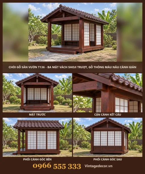 Chòi Gỗ Sân Vườn T136 - Ba Mặt Vách Shoji Trượt, Gỗ Thông Màu Nâu Cánh Gián
