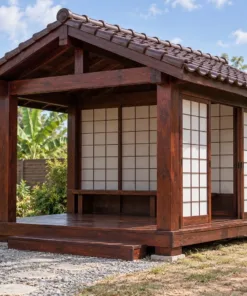 Chòi Gỗ Sân Vườn T136 - Ba Mặt Vách Shoji Trượt, Gỗ Thông Màu Nâu Cánh Gián