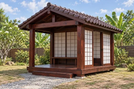 Chòi Gỗ Sân Vườn T136 - Ba Mặt Vách Shoji Trượt, Gỗ Thông Màu Nâu Cánh Gián