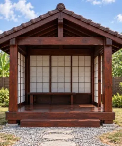 Chòi Gỗ Sân Vườn T136 - Ba Mặt Vách Shoji Trượt, Gỗ Thông Màu Nâu Cánh Gián