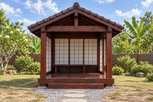Chòi Gỗ Sân Vườn T136 - Ba Mặt Vách Shoji Trượt, Gỗ Thông Màu Nâu Cánh Gián