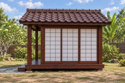 Chòi Gỗ Sân Vườn T136 - Ba Mặt Vách Shoji Trượt, Gỗ Thông Màu Nâu Cánh Gián